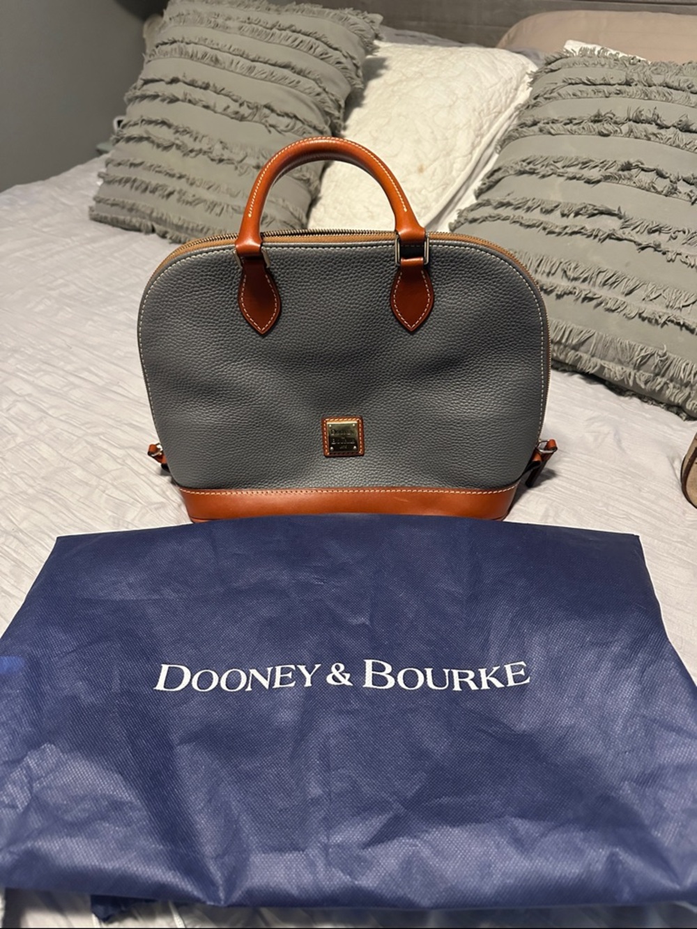 Dooney & Bourke Gray Pebbled Leather Satchel with Brown Trim